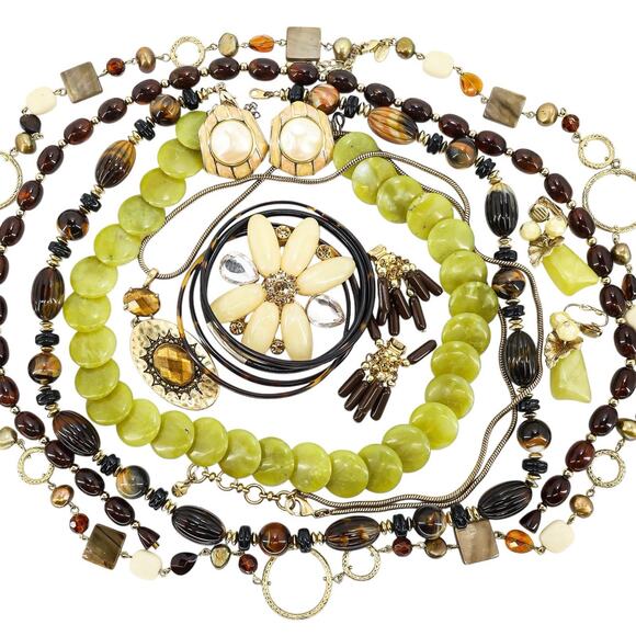 Lot Vintage To Now Jewelry Faux Tortoiseshell Goldtone Earthy Green Incl Signed - Picture 1 of 10